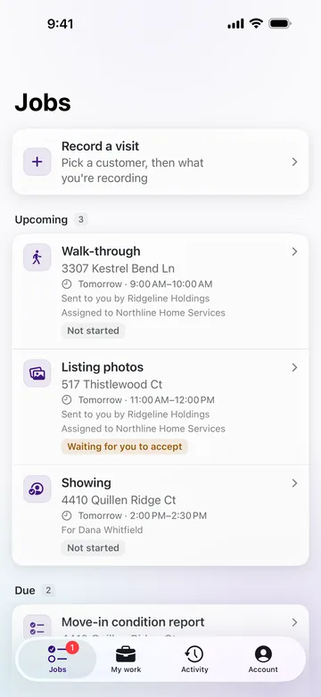 The Jobs screen: a walk-through, listing photos and a showing that landlords sent, each with its address and time