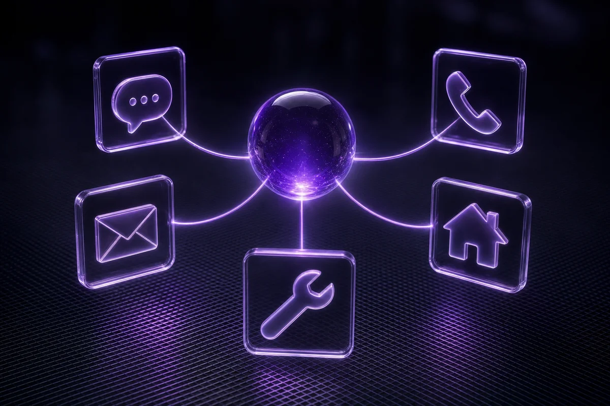 One glowing core connected to a chat window, a phone, email, a home and a wrench: one system, reached from many places