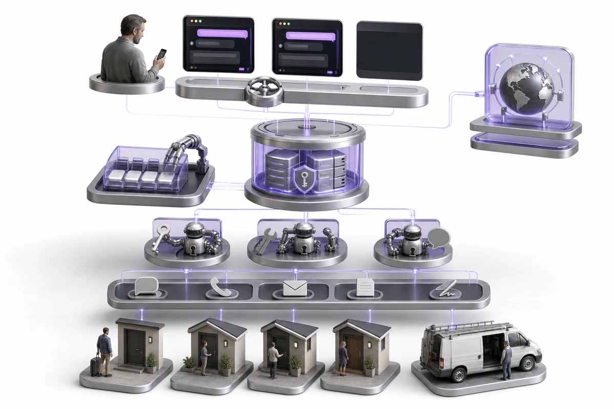 Trenly as an exploded product render: an owner with a phone and three chat windows at the top, a valve on the bar they feed into, a glass vault of records at the center with an approval tray beside it, three small robots with a key, a wrench and a speech bubble below, a row of five outlets for text, call, email, letter and signature, and four homes with residents, a prospect with a suitcase and a work van along the bottom