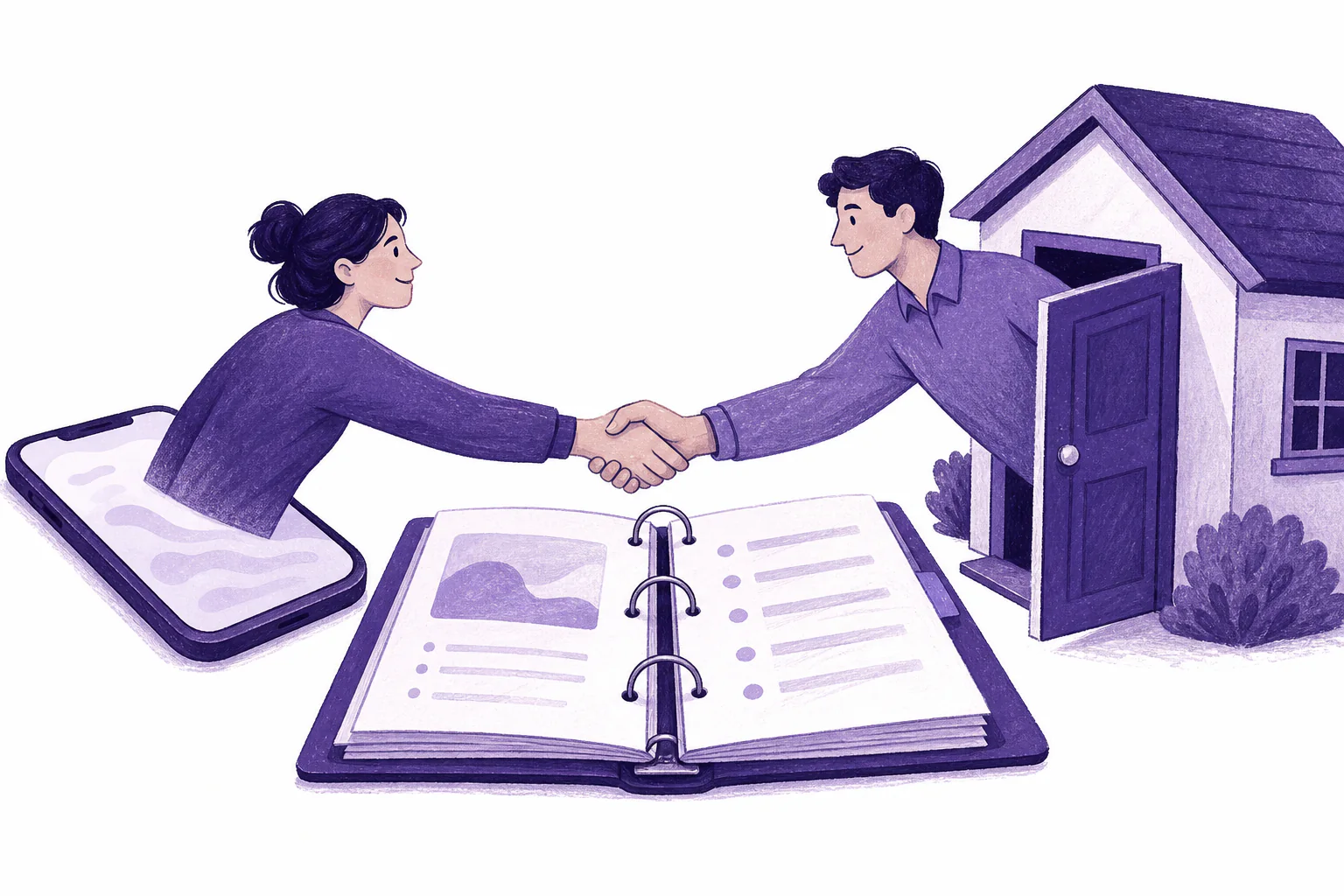Your agent reaching out of a phone to shake hands with Trenly's agent at the door of a home, over an open binder of records